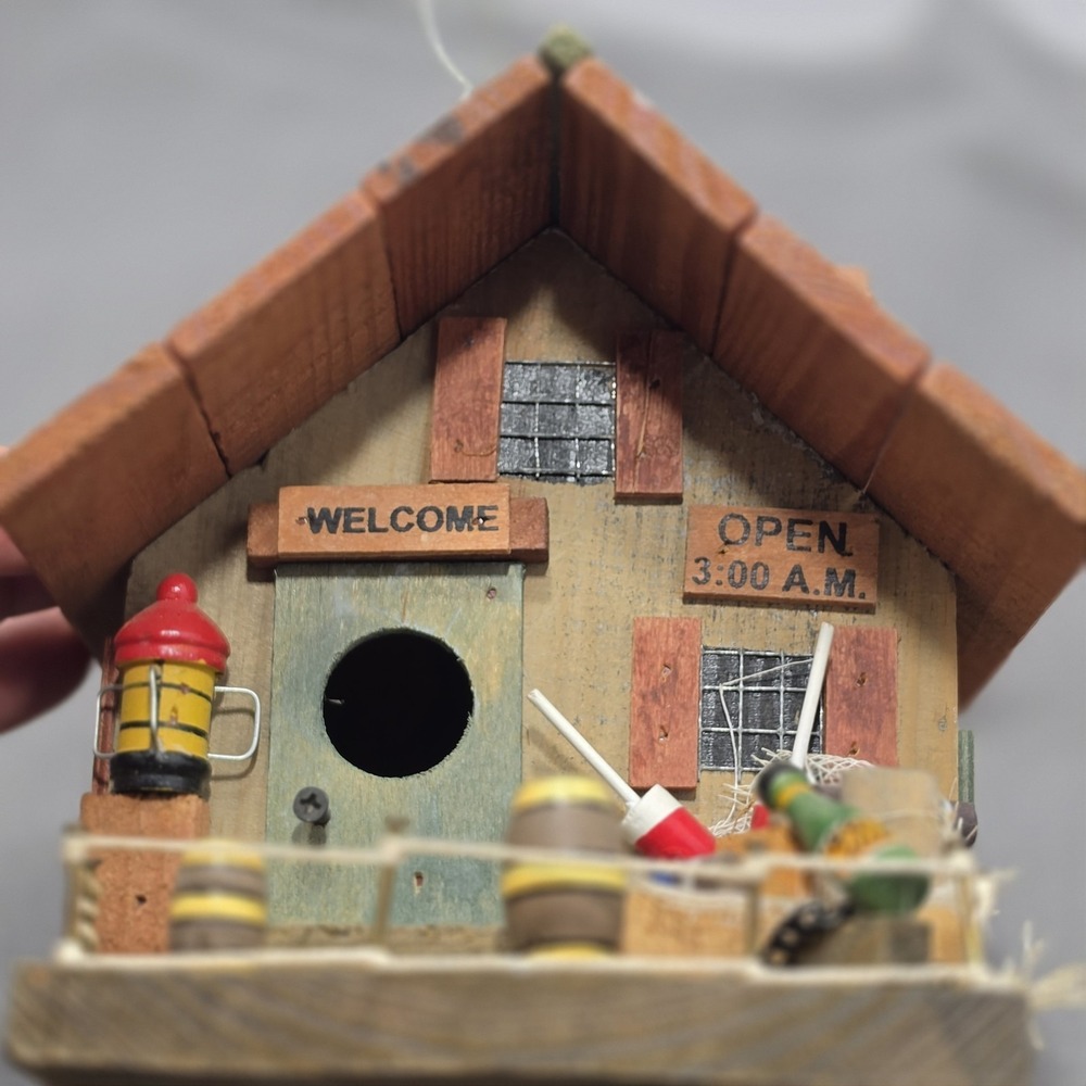 Vintage  Decorative Wooden Bird House Live Bait Shop Fishing Folk Art. J